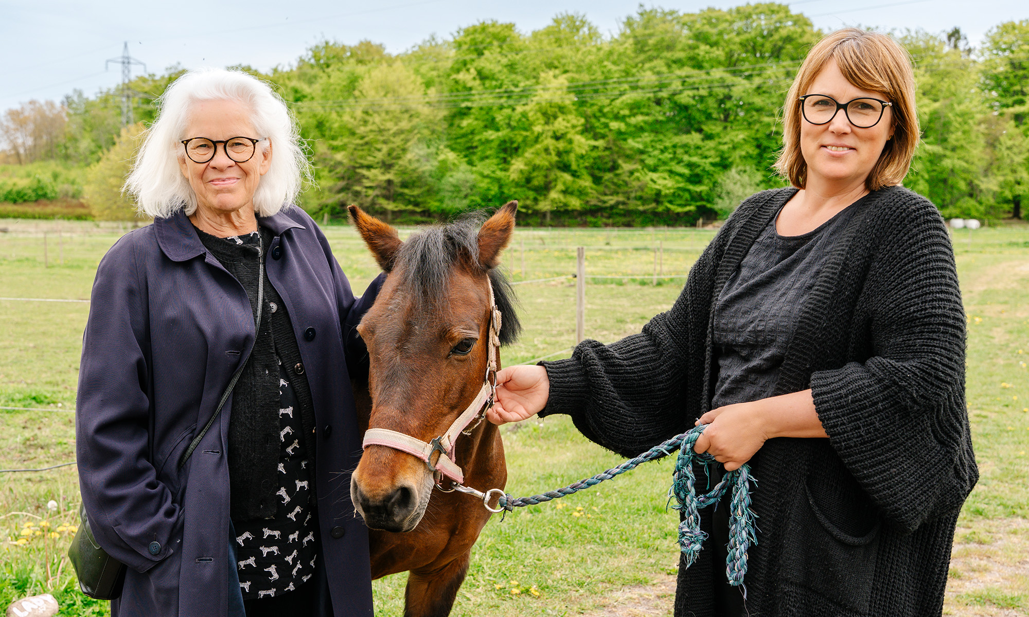 Cecilia, Anna och Lady vid en hage på Bokeslätt