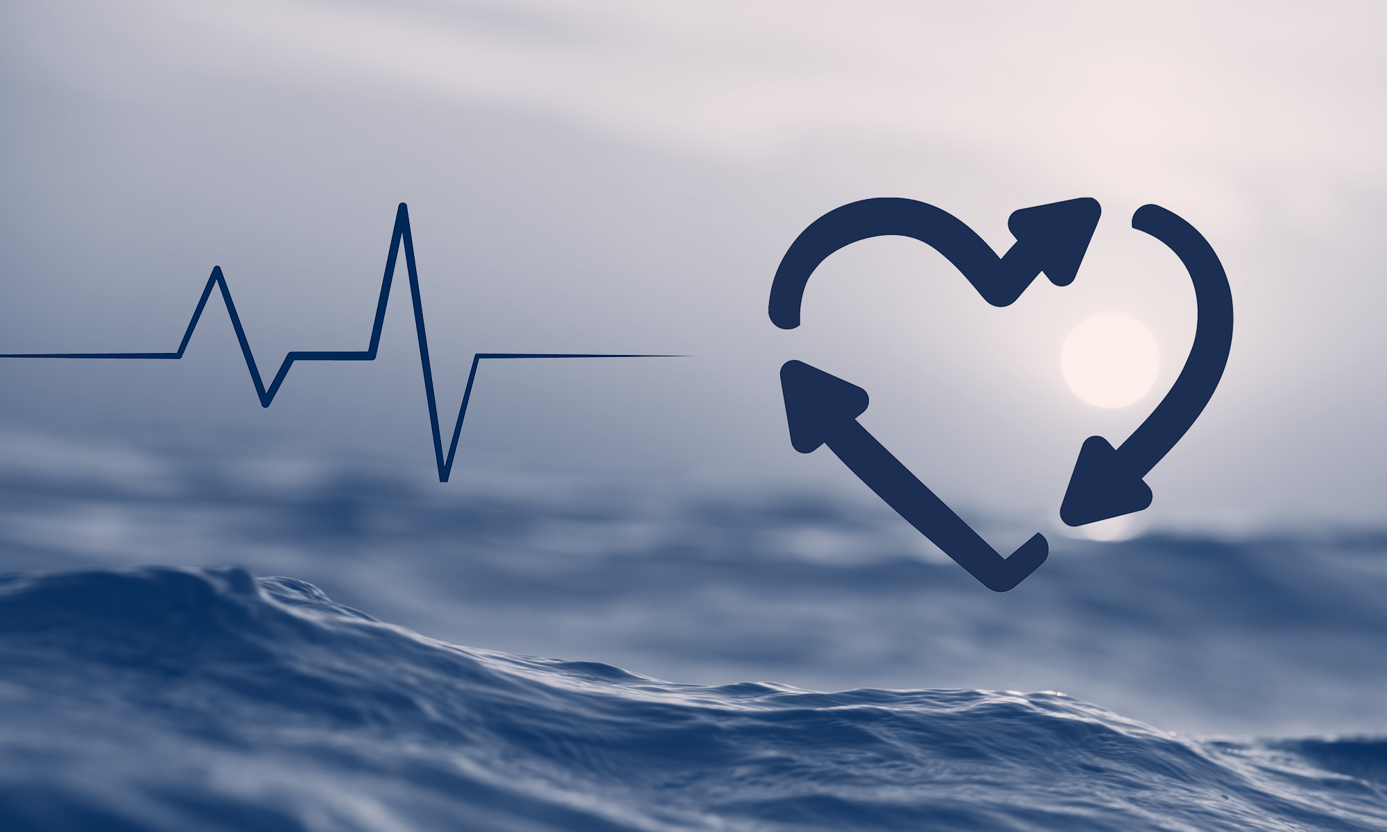 Grafisk bild med en sinuslinje och ett hjärta med hav i bakgrunden