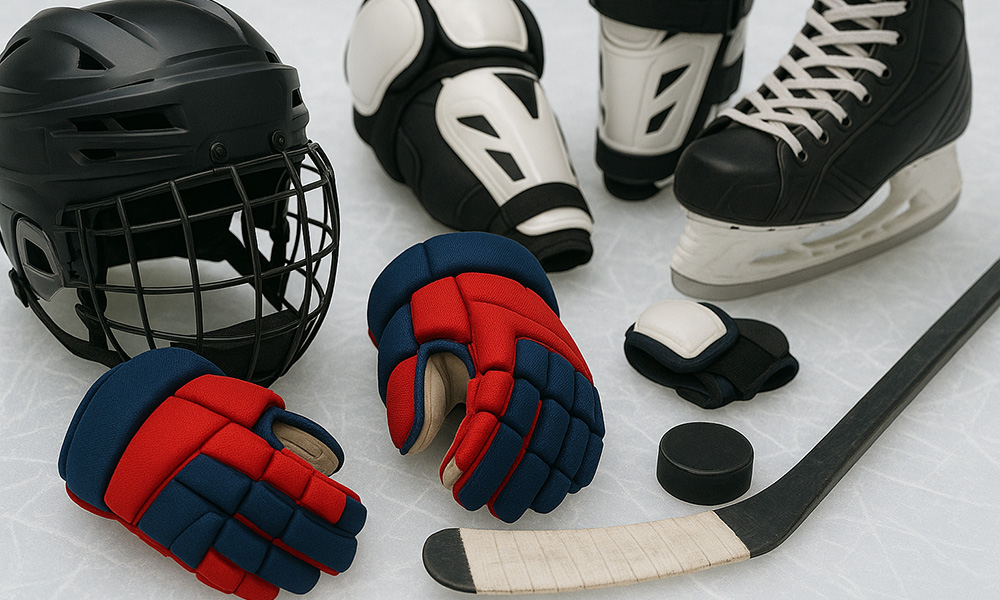 Ai-genererad närbild på hockeyutrustning som ligger på en isrink