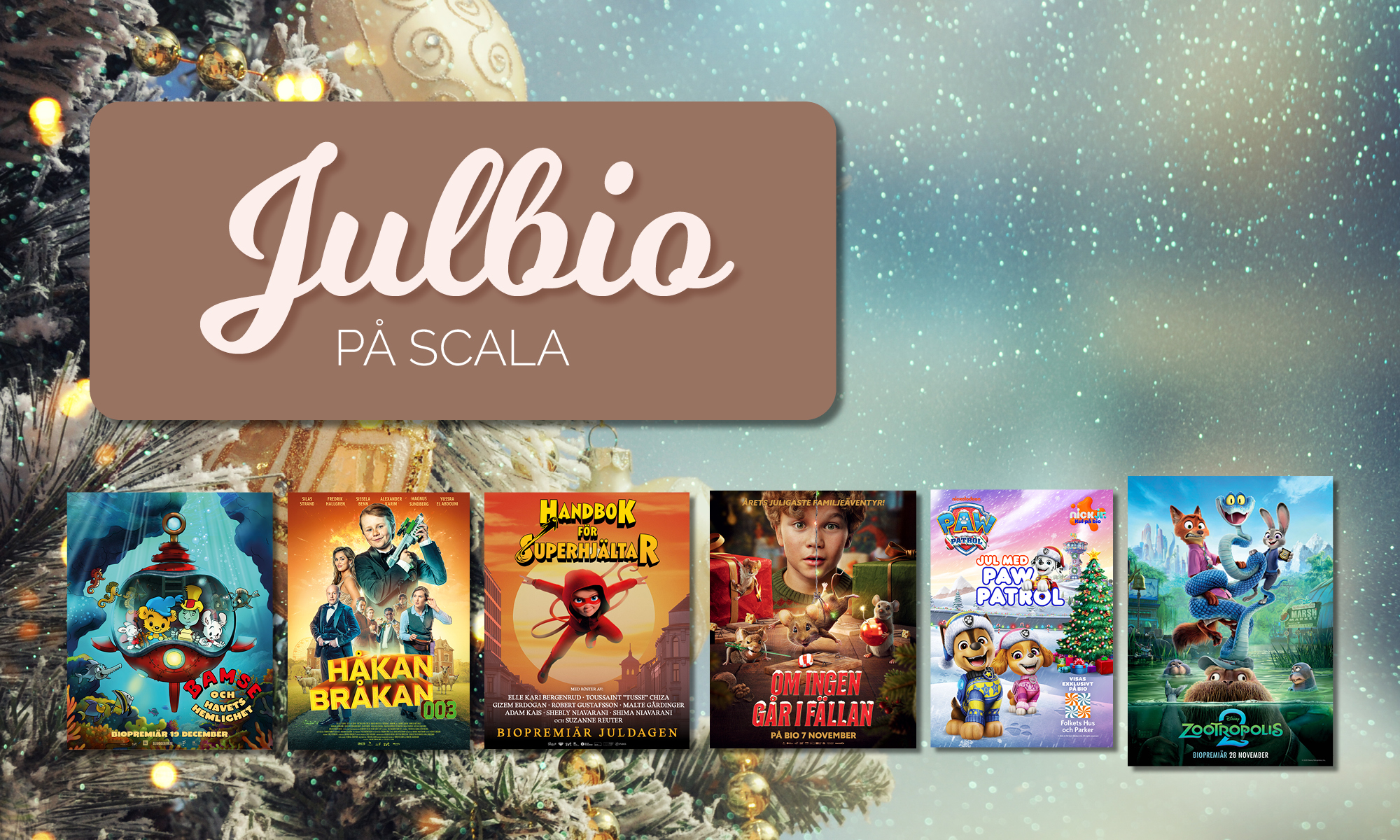 Texten Julbio och sex filmaffischer på vintrig bakgrund