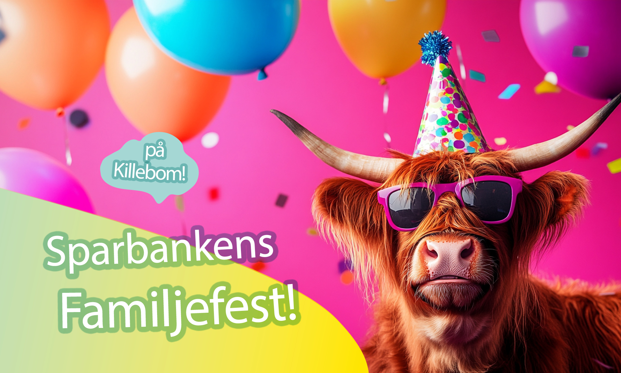 En tjur med partyhatt och solglasögon med ballonger i bakgrunden