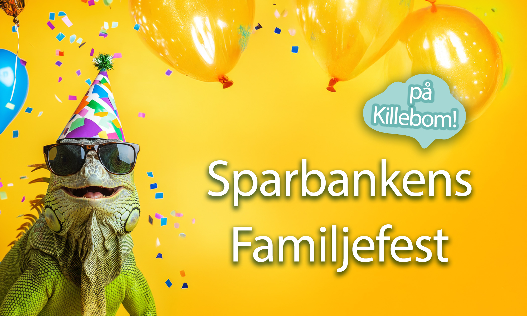 En leguan med partyhatt och konfetti med texten Sparbankens familjedag