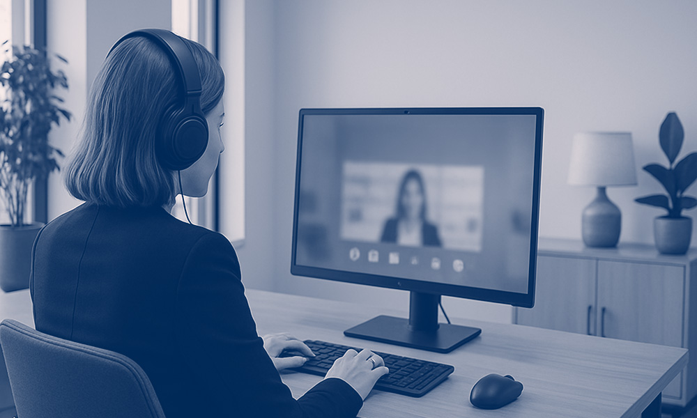 Kvinna sitter vid datorn och deltar i en digital utbildning